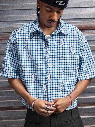 AXEPEAK Men's Loose Fit Letter & Plaid Print Short Sleeve Woven Shirt Summer Button Up Men Streetwear Button Up Men Street Wear Shirt Men Crop Button Up Men S Boxy Shirt