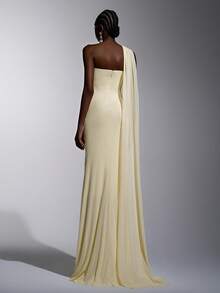 Elitara Elegant Yellow Metallic Shiny Mesh Strapless Asymmetric Neck Flounce Top Pleated Fishtail Side High Slit Dress, Suitable For Dates, Weddings, Events, Bridesmaid - Yellow - View 3