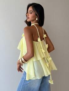 Aloruh 黄色雪纺3D立体花卉浪漫吊带背心，优雅百搭，适合度假、音乐节、派对、奶油黄、复活节、圣帕特里克节、狂欢节、商务休闲、办公室着装、外出、约会、教师、音乐会、乡村音乐会、夏季、春季、海滩、婚礼及活动等场合。 - 淡黃色 - 查看 3