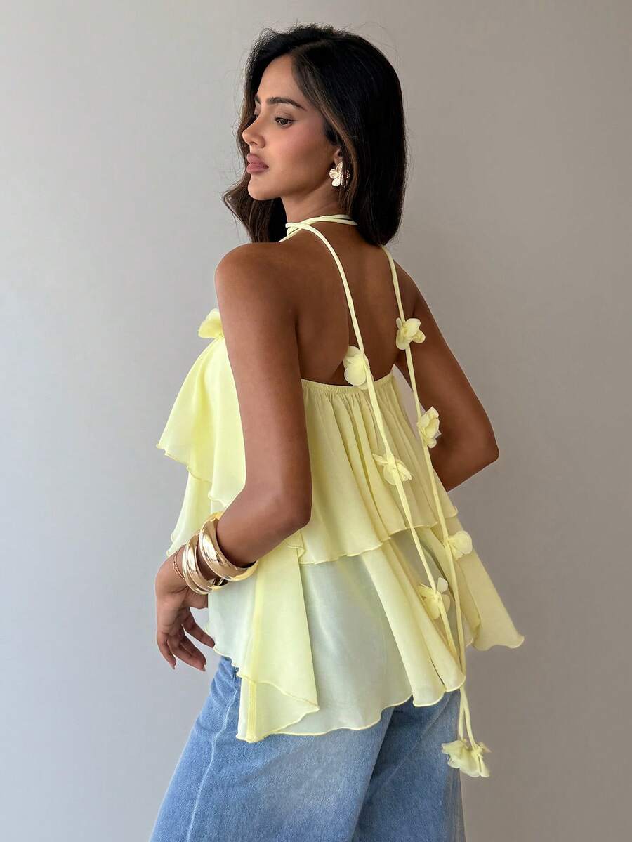 Aloruh Áo hai dây voan màu vàng nhạt họa tiết hoa 3D lãng mạn, thanh lịch, thích hợp cho kỳ nghỉ, lễ hội âm nhạc, tiệc tùng, màu vàng bơ, lễ Phục sinh, ngày Thánh Patrick, lễ hội hóa trang, trang phục công sở, đi chơi, hẹn hò, giáo viên, đi xem hòa nhạc, hòa nhạc đồng quê, mùa hè, mùa xuân, đi biển, đám cưới và sự kiện.