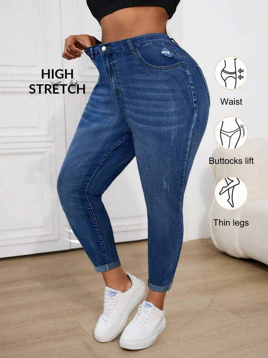 SHEIN ICON Jeans skinny délavé bleu grande taille - Jean clair - Voir 1