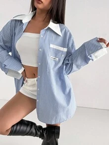 Aidyla Áo kiểu nữ dáng rộng, phối sọc xanh trắng, áo sơ mi trắng casual, áo kẻ sọc cho mùa thu. - Xanh và trắng - Xem 4