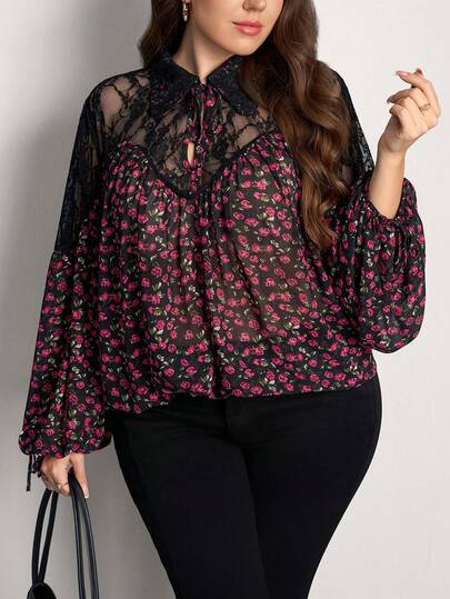 Comfylo Plus Size Women Floral Contrast Lace Elegant Fashion Blouse Floral Blouse Vacation Women Vacation Summer Holiday Holiday For Women Vacation For Women Going Out Top For Women Birthday For Women Beach For Women Beach For Women Beach Valentine's Day Valentine For Women Valentine Spring Women Spring Break Summer Top Summer Holiday Blusas Valentine's Day Vacation Outfits Women