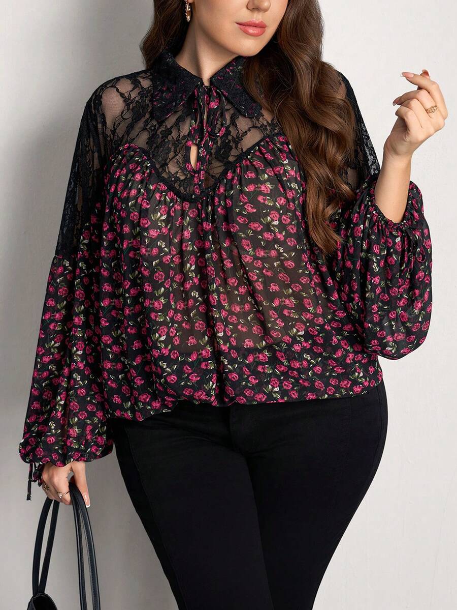 Comfylo 大码女式花卉撞色蕾丝优雅时尚上衣，适合度假、夏季外出、生日、海滩、情人节等场合。 - 彩色 - 查看 1