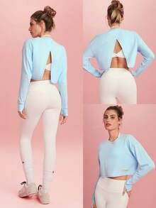 GLOWMODE Pima Cotton Win Soft Stretchy Breathable Overlapping Back Flap Ribbed Neckline Cuffs Thumbholes Long-Sleeve Crop Top Gym Workout Spring - Blue - View 8