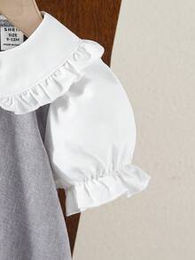 SHEIN 女婴可爱拼接彼得潘领蝴蝶结短袖连衣裙，学院风 - 灰色 - 查看 5