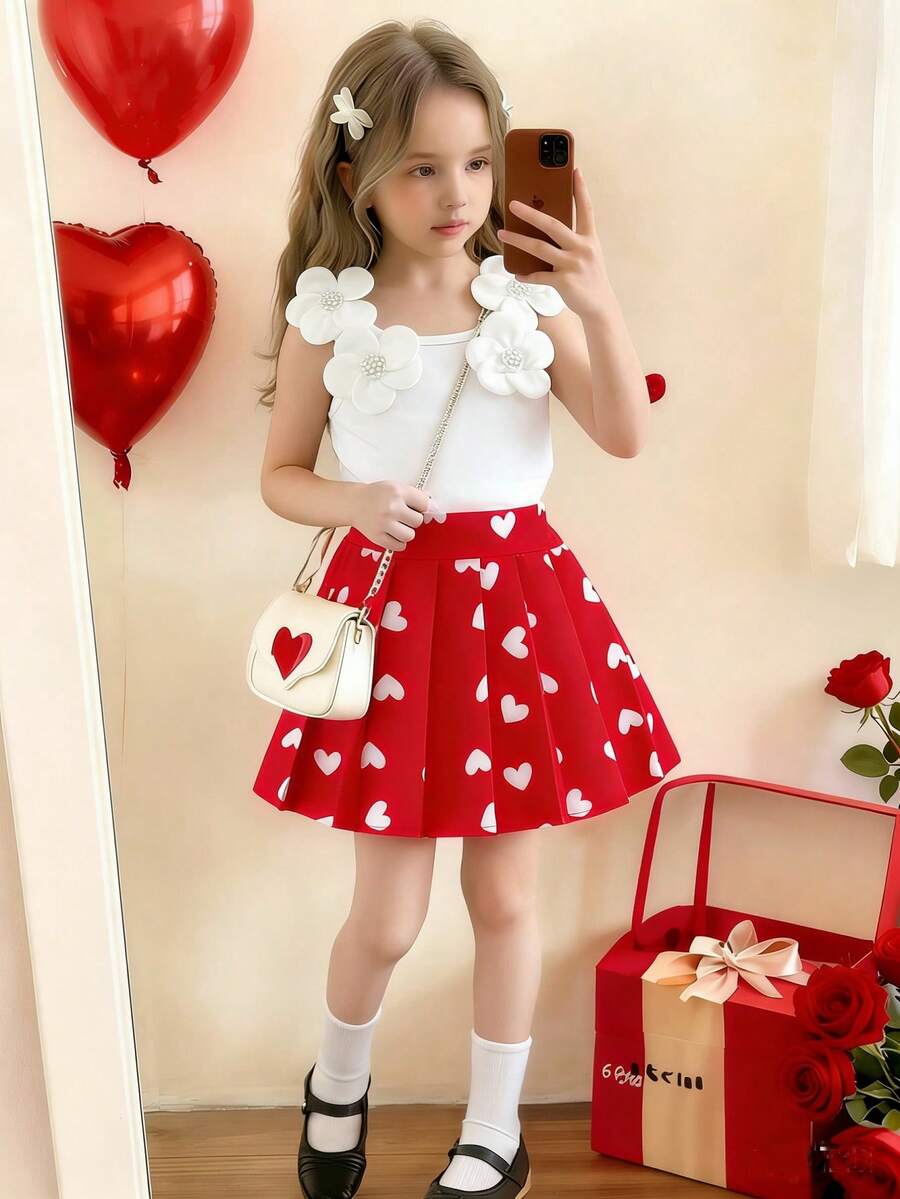 Bộ 2 món phong cách Hàn Quốc thanh lịch, ngọt ngào, dễ thương cho bé gái, gồm áo tank top kẻ sọc hoa 3D và chân váy xếp ly in hình trái tim, màu đỏ thời trang, thích hợp cho ngày Valentine, kỳ nghỉ, mặc hàng ngày, mùa xuân/hè/thu. - Nhiều màu - Xem 1