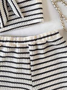 SHEIN Tween Girl Striped Tie Front Crop Top And Shorts Set - White - View 4