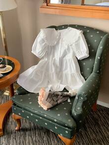 DAZY 女士休闲甜美纯色彼得潘领荷叶边下摆短款连衣裙夏季太阳裙