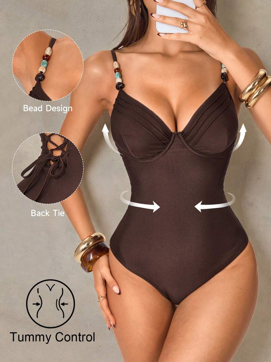 Shapewave Bộ bikini nữ mùa hè, kiểu dáng thường ngày, màu nâu đậm, đính hạt cườm, dây đeo có thể điều chỉnh, có chức năng định hình vòng bụng. - Cà phê nâu - Xem 1