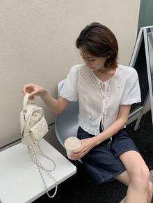 DAZY Women's Casual Round Neck Lace Tie-Up Short Sleeve Blouse - White - View 10