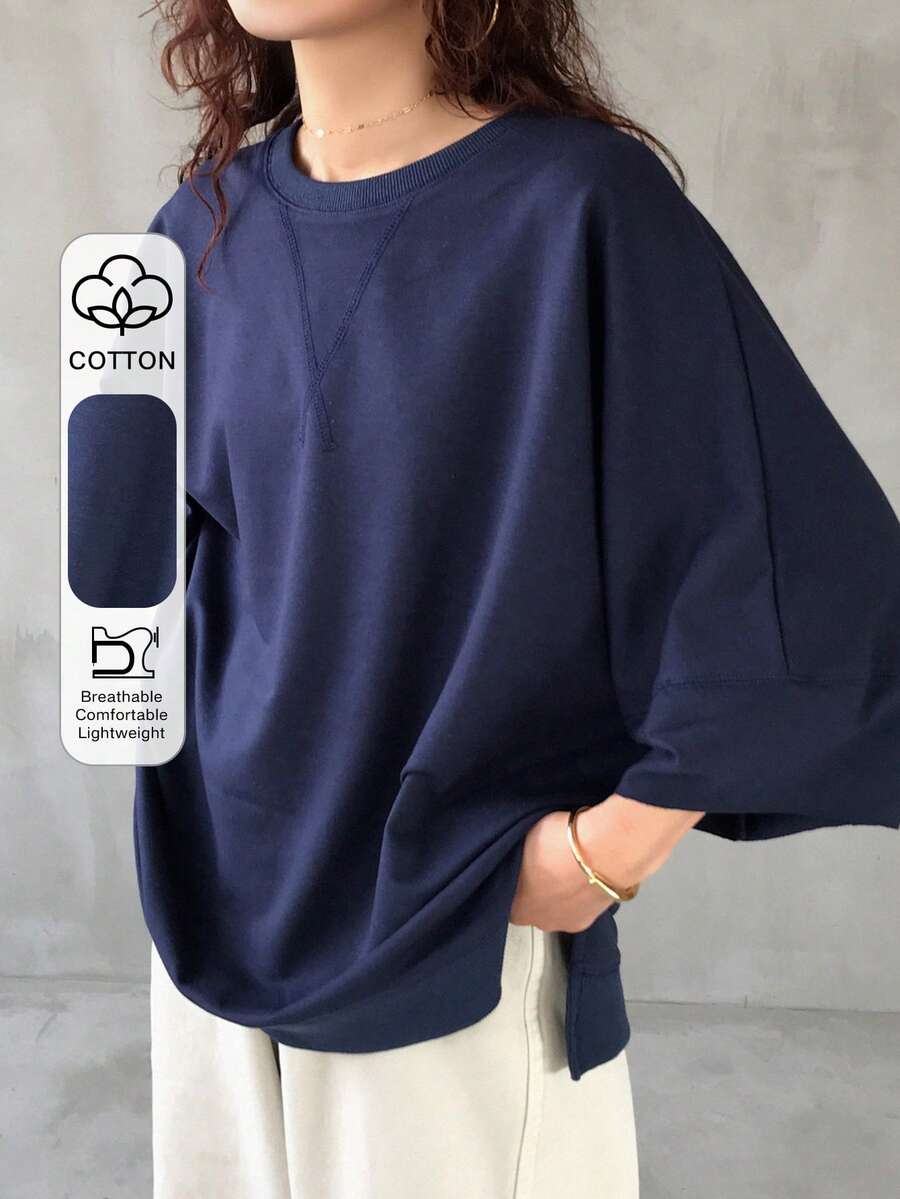 FRIFUL 女士海军蓝宽松基础款T恤，休闲夏季服装 - 藍色 - 查看 1