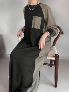 FRIFUL 女士撞色圆领插肩袖拉链装饰喇叭下摆长袖连衣裙，秋季连衣裙，户外连衣裙 - 黑色 - 查看 7