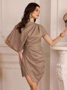 Modelyn Women's Fashionable Minimalist Elegant Daily Commute Dress With Ruffle Trim And Metal Decor, Casual Short Style - Brown - View 5