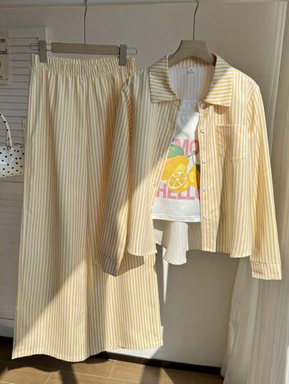 SHEIN 3pcs/Set Teen Girls Loose Casual Striped Print Shirt With Front Short Back Long Design, Paired With Floral Print Tank Top And Wide Leg Pants, Suitable For Daily, Commute, Casual, Vacation, Party, Street Style