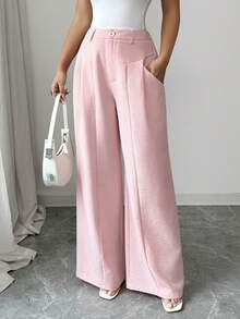 Elenzga Women's Spring/Summer Elegant Straight Leg Trousers With Pockets, Romantic Workwear Vacation Pants, Linen-Like Bamboo Crease Design, Regular Waist, Long Length, Pink - Pink - View 4