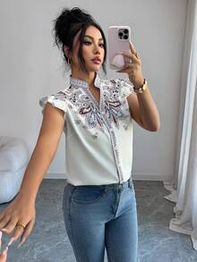 SHEIN Raffinéa Áo sơ mi nữ tay ngắn dáng rộng, in kỹ thuật số, phong cách nghỉ dưỡng, thích hợp cho kỳ nghỉ. - Nhiều màu - Xem 4