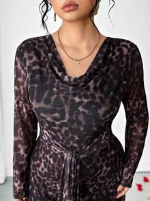 Elenzga Plus Size Women Elegant Leopard Print Cinched Waist Long Sleeve Dress, Autumn - Multicolor - View 8