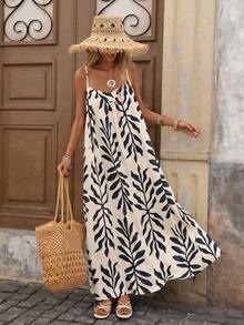 Women's Vacation Casual Plant Print Backless Spaghetti Strap Dress - Black and White - View 7