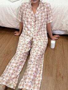 Dream Adore 女士格子爱心印花翻领短袖睡衣套装 - 彩色 - 查看 6