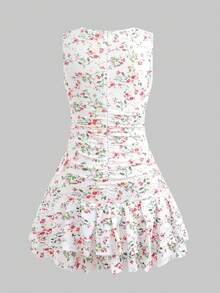 SHEIN 少女粉色碎花无袖梭织抽绳腰褶皱A字荷叶边迷你裙短裤连体连衣裙，春夏款 - 白色 - 查看 2