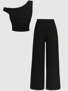 SHEIN Tween Girls Black Ribbed Knit Asymmetric-Shoulder Ruched Cropped Top And Wide Leg Pants 2 Pieces Casual Vacation Outfit Set - Black - View 2
