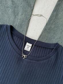 SHEIN Camiseta de manga corta de cuello redondo casual con elástico acanalado para niñas preadolescentes - Azul Marino - Ver 4