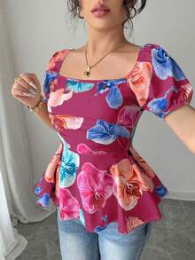 Selianne 女士优雅印花方领褶皱腰部A字衬衫 - 紅色 - 查看 4