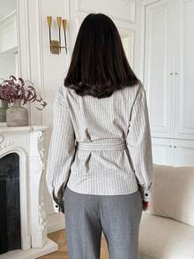 DAZY 女士休闲条纹领带常规款外套，春夏款 - 杏色 - 查看 2