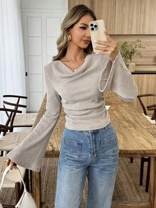 Louniche 女士宽松领喇叭袖收腰褶皱雪纺针织休闲上衣，秋冬女士长袖上衣，女士冬季上衣，女士毛衣喇叭袖高领上衣 - 卡其色 - 查看 7