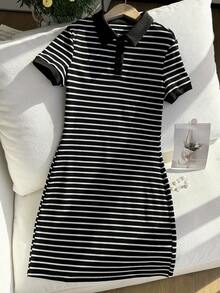 少女休闲百搭日常学生装撞色Polo领短袖半开襟修身迷你针织连衣裙 - 黑色 - 查看 5