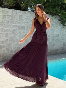 Aloruh Purple V-Neck Sleeveless Mesh Maxi Knit Dress - Purple - View 6