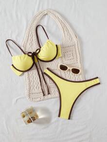 SHEIN Women's Contrast Trim Simple Swimwear Set - Multicolor - View 1