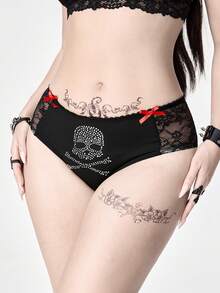 ROMWE Goth 女士哥特式骷髅头水钻蕾丝蝴蝶结饰边丁字裤 - 彩色 - 查看 4