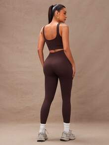 Lumalex 2 件套纯色圆领运动胸罩和紧身裤健身女士套装女士紧身裤套装 - 咖啡棕 - 查看 3