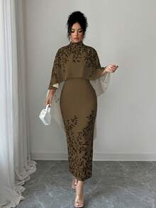 SHEIN Elenzya Elegant High Collar Floral Print Midi Dress With Cape - Coffee Brown - View 5