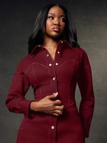 NYA SZN 连衣裙 牛仔中长款 橙紫色 休闲 商务 叠穿 舒适 端庄 优雅 街头风 纽扣前襟 秋冬 圣诞节 节日 音乐会 日常 西式 辣妹风 女装 - 酒紅色 - 查看 4