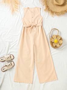 SHEIN Tween Girls Casual Elegant Sleeveless Loose Wide Leg Pants, Versatile Daily School Style Jumpsuit - Apricot - View 8