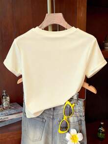Camiseta Casual de Manga Corta con Cuello Redondo y Estampado Gráfico con Slogan de  para Mujer, Regalo para Amigas - Albaricoque 2 - Ver 2