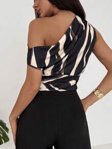 Aloruh Minimalist Commute Office Outfit Brown Brushstroke Print Asymmetric Loose Top Tight Bottom Women Shirt - Multicolor - View 2