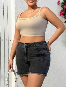 SHEIN 100%Cotton Back Label Detailed Short With Destroy - Black - View 1