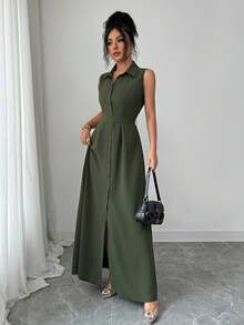 Elenzga Women's Elegant Romantic Summer Vacation Round Neck Sleeveless Waist Cinched Flowy A-Line Dress - Army Green - View 1