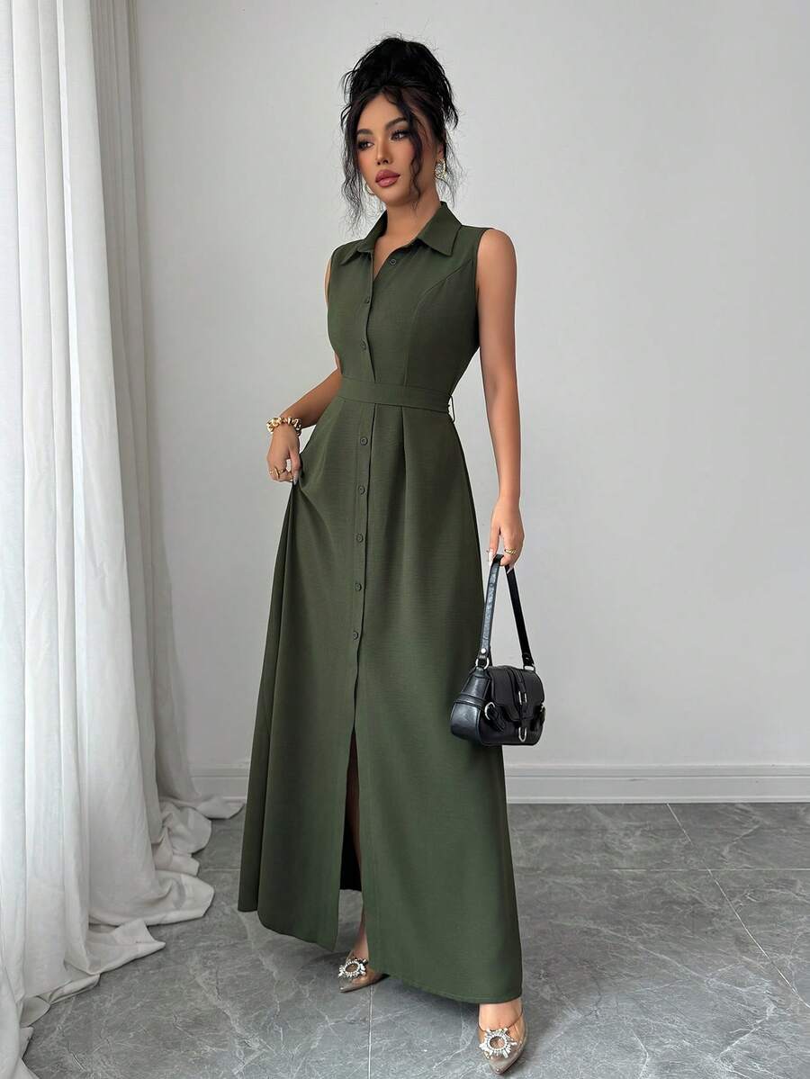 Elenzga Women's Elegant Romantic Summer Vacation Round Neck Sleeveless Waist Cinched Flowy A-Line Dress - Army Green - View 1