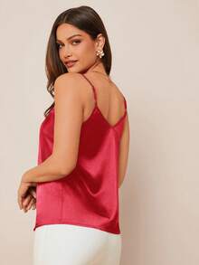 Amorya Women's Elegant Satin Blue Camisole With Lace Trim, Versatile For Spring/Summer Wear Or As An Undershirt In Autumn/Winter - Red - View 2