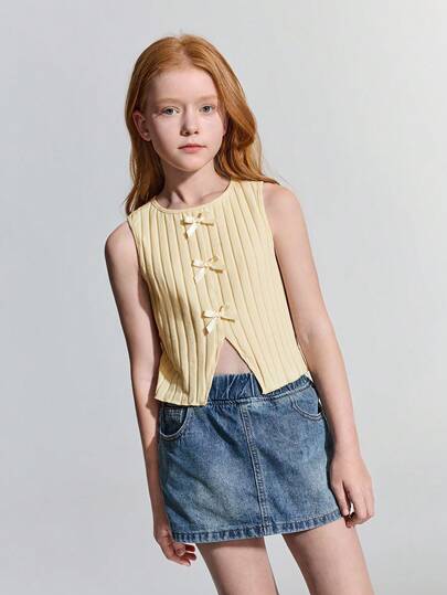 Maija Kids Maija Kids 少女罗纹针织蝴蝶结装饰圆领休闲两件套