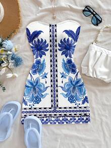 Soleia 女士优雅中式印花迷你连衣裙，适合度假、海滩、派对、婚礼、生日、旅行等场合。 - 彩色 - 查看 4