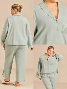 LUVLETTE Bộ đồ ngủ cỡ lớn dành cho nữ, chất liệu 100% cotton nguyên chất, mềm mại, sang trọng, gồm áo cài cúc và quần, viền ren. - màu xanh lá - Xem 3