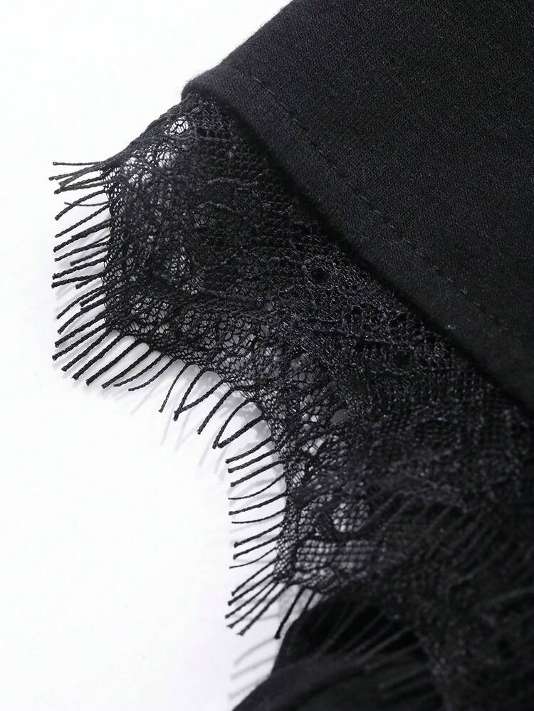 Women Solid Color Lace Patchwork Casual Short Sleeve T-Shirt