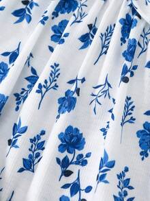 女婴圆领短袖蝴蝶结装饰可爱连衣裙 - 藍色 - 查看 7