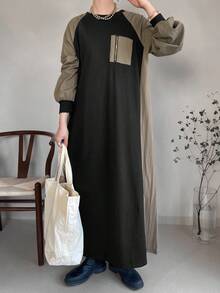 FRIFUL 女士撞色圆领插肩袖拉链装饰喇叭下摆长袖连衣裙，秋季连衣裙，户外连衣裙 - 黑色 - 查看 4